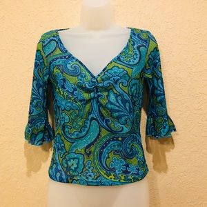 {Vintage} Boho Green/blue paisley ruffle crop top